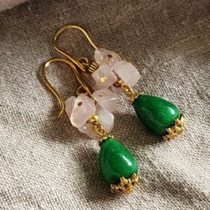 Gold-Tone Green Drop Earrings with Pale Pink Stone Clusters